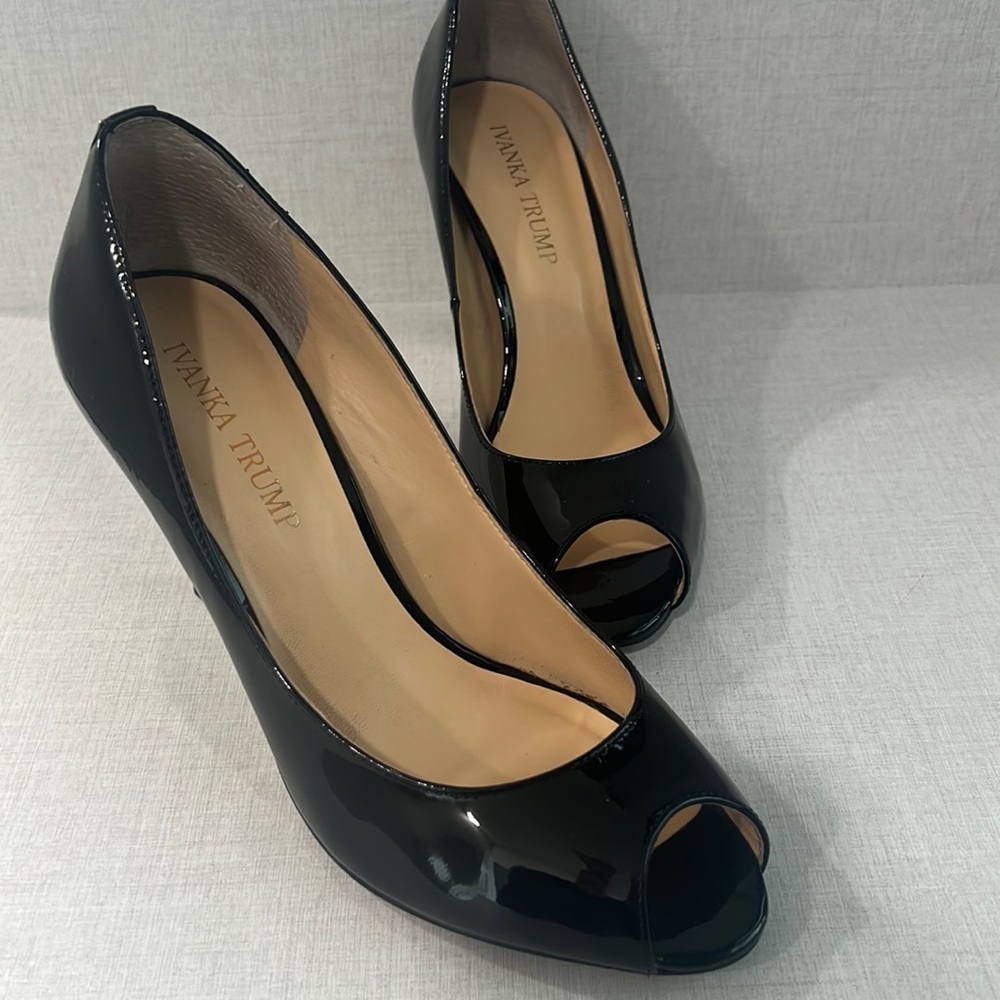 Ivanka Trump: Black Heels Open toe; Size 7; 3.5 inch heel